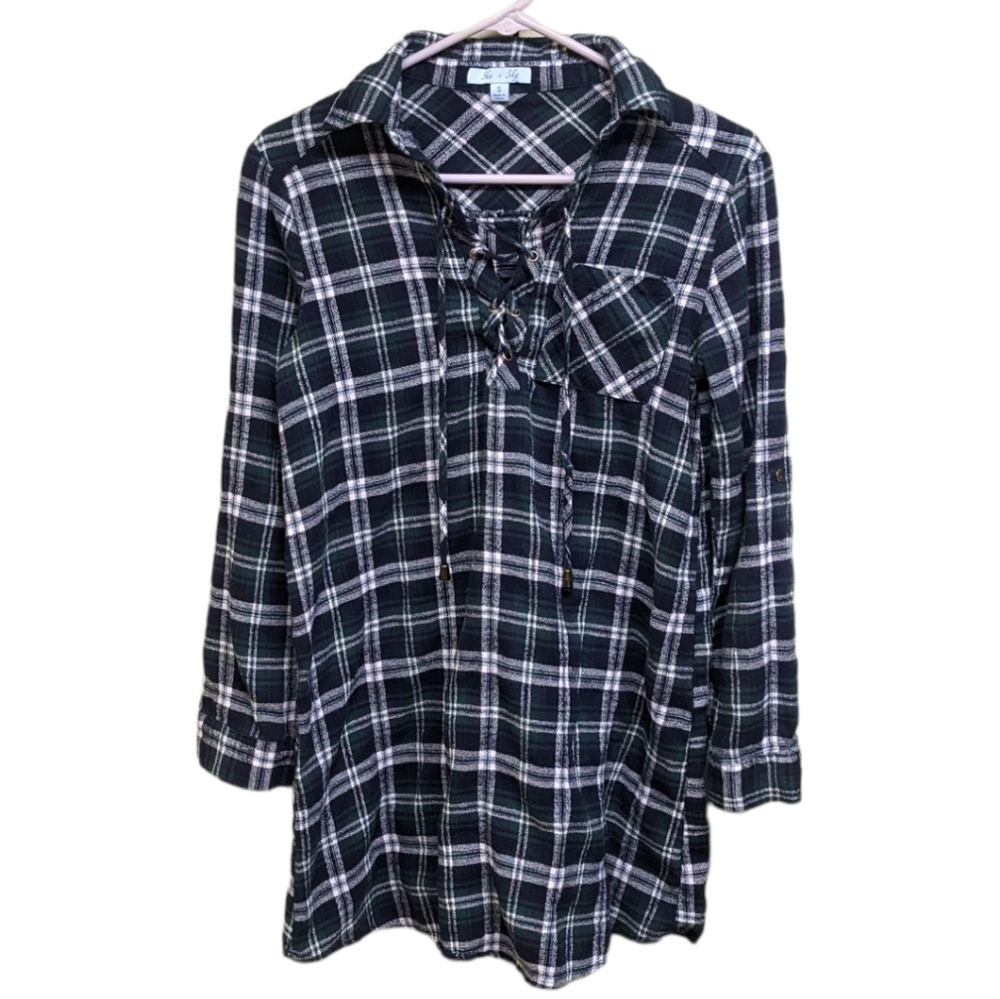 She+Sky Size Small Green Blue & White Flannel Tunic with Laces